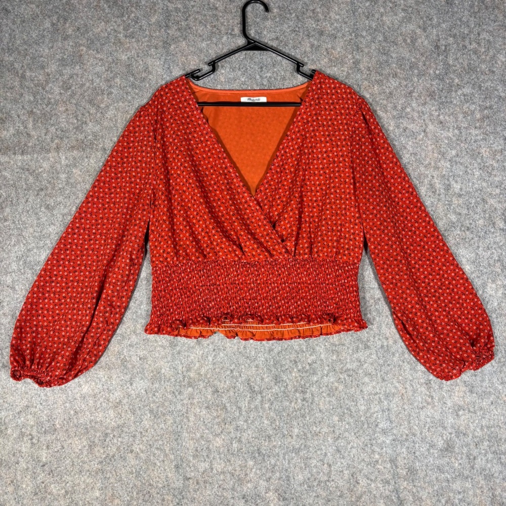 Madewell Floral‎ Smocked Wrap Top Womens XL Orange Long Sleeve Peplum NG918